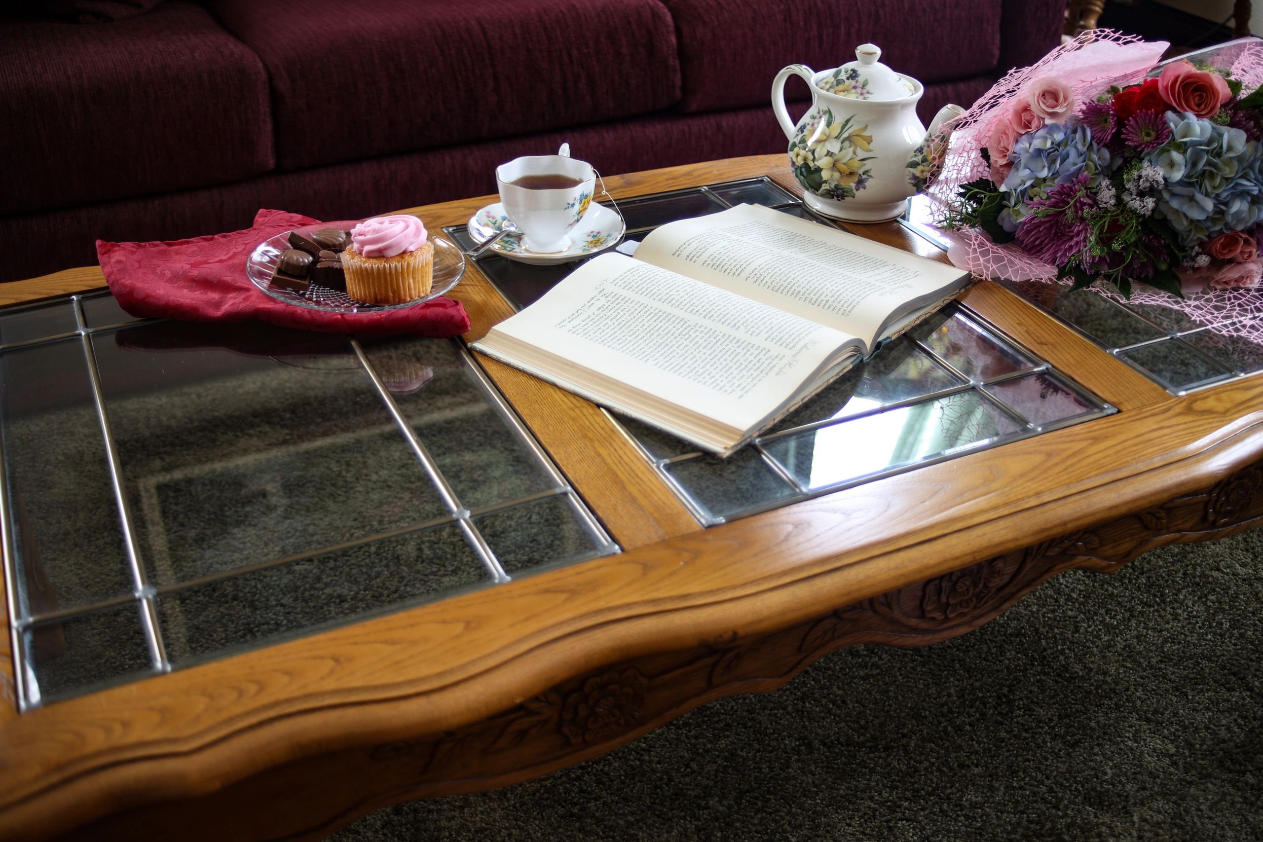 Book and tea in a quiet reflective setting