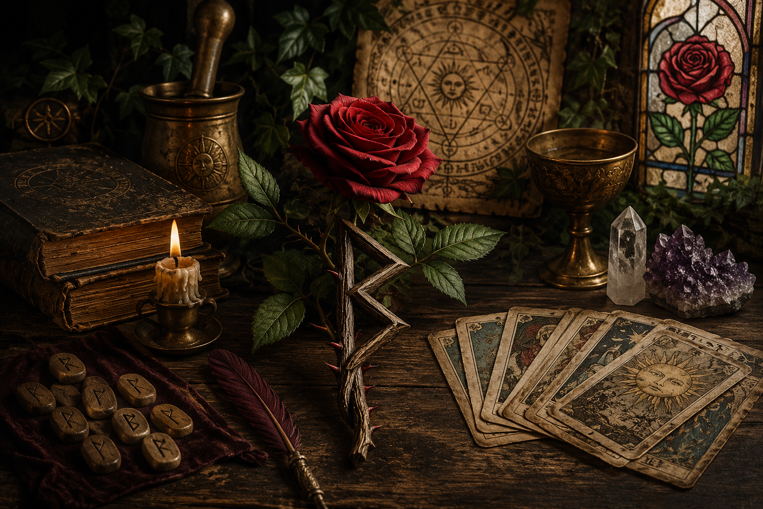 Books, candles, and tarot cards arranged in a moody mystical study setting